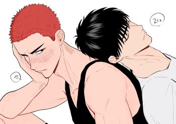 Rule 34 | 2boys, anger vein, arm support, black eyes, black hair, blush, buzz cut, head on another's back, highres, hoy sd1110, leaning back, leaning on person, male focus, multiple boys, red hair, rukawa kaede, sakuragi hanamichi, short hair, simple background, slam dunk (series), sleeping, speech bubble, upper body, very short hair, white background, yaoi, zzz