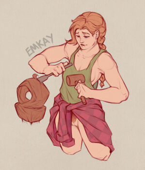 1girl blue_eyes braid carving clothes_around_waist emkay_does_art green_tank_top hammer holding holding_chisel holding_hammer leah_(stardew_valley) no_panties orange_hair orange_pubic_hair plaid_clothes plaid_shirt pussy shirt shirt_around_waist single_braid stardew_valley tank_top watermark wood_art