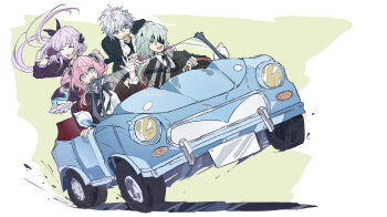 2boys 2girls absurdres anaxa_(honkai:_star_rail) aqua_eyes black_hat black_jacket black_necktie blue_eyes car castorice_(honkai:_star_rail) closed_eyes commentary_request dress drifting driving eyepatch green_background green_hair grey_hair hat highres honkai:_star_rail honkai_(series) hyacine_(honkai:_star_rail) jacket long_hair lv_minus999 motor_vehicle multicolored_eyes multiple_boys multiple_girls necktie open_mouth phainon_(honkai:_star_rail) pink_eyes pointy_ears ponytail purple_dress purple_hair red_dress short_hair simple_background surprised teeth twitter_username two-tone_eyes upper_body