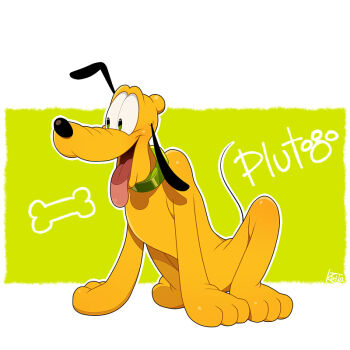 animal_focus bone character_name collar disney dog full_body green_collar green_eyes kiri_futoshi looking_ahead mickey_mouse_&amp;_friends no_humans outline pluto_(disney) signature solo tongue tongue_out white_outline