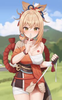 1girl absurdres bandages bare_arms blonde_hair blurry body_writing bracelet breasts choker cleavage cowboy_shot depth_of_field finger_to_mouth fingerless_gloves genshin_impact gloves hadanugi_dousa hair_ornament highres japanese_clothes jewelry kimono long_hair looking_at_viewer masturbation medium_breasts obi open_clothes open_kimono orange_kimono outdoors ponytail pulling pussy_juice sarashi sash shengtian shushing single_glove solo suggestive_fluid tally yellow_eyes yoimiya_(genshin_impact)