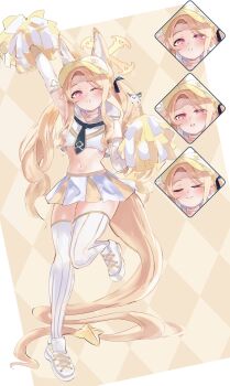 1girl alternate_costume alternate_hairstyle animal_ear_fluff animal_ears argyle_background bird blonde_hair blue_archive blush cheerleader choker elbow_gloves expression_chart extra_ears female_focus fox_ears fox_girl fox_tail gloves hair_ribbon halo hat klash loli long_hair looking_at_viewer midriff navel necktie one_eye_closed pink_eyes pleated_skirt pom_pom_(cheerleading) ribbon sailor_collar seia_(blue_archive) shoes skirt smile sneakers standing standing_on_one_leg tail tail_ornament thighhighs tit_(bird) twintails very_long_hair very_long_tail visor_cap white_choker white_gloves wink zettai_ryouiki