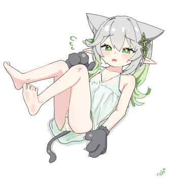 1girl absurdres animal_ears animal_hands barefoot cat_ears cat_girl cat_paws cat_tail cross-shaped_pupils dress flat_chest flying_sweatdrops full_body genshin_impact gloves green_dress green_eyes green_hair grey_hair highres kemonomimi_mode legs_up loli long_hair nahida_(genshin_impact) open_mouth panties paw_gloves pointy_ears ponytail simple_background soles solo sundress symbol-shaped_pupils tail toes underwear white_background white_panties youyoukai