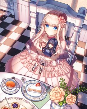 1girl blonde_hair blue_eyes cake chair collar cup doll dress flower food fork frilled_dress frilled_hairband frills hair_flower hair_ornament hairband highres hugging_doll hugging_object knife long_hair long_sleeves original pink_collar pink_dress pink_flower see-through_clothes see-through_sleeves sitting solo table tea teacup thx_39 tile_floor tiles too_many too_many_frills window_shadow