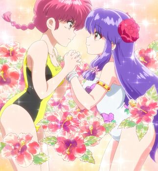2girls anime_screenshot breasts flower hair_ornament highres holding_hands long_hair medium_breasts multiple_girls pink_hair purple_eyes ranma-chan ranma_1/2 red_eyes saotome_ranma shampoo_(ranma_1/2) tagme third-party_edit