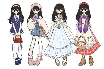 Rule 34 | 4girls, :|, ankle boots, apple print, apron, arm at side, asymmetrical legwear, bag, banana print, basket, beret, black eyes, black hair, blue dress, blue shoes, blue shorts, boots, bow, breasts, bright pupils, brown boots, brown sandals, character doll, closed eyes, closed mouth, collared shirt, commentary, doll, double-parted bangs, dress, egret orchid, english commentary, expressionless, facing viewer, flower, food print, frilled dress, frills, fruit print, full body, fur jacket, grape print, hair behind ear, hair between eyes, hair ornament, hairband, hakama, hakama shorts, handbag, hands up, hat, headscarf, hero (faraway) (omori), hero (omori), high heel boots, high heels, highres, holding, holding bag, holding basket, holding flower, holding picnic basket, interlocked fingers, jacket, japanese clothes, jewelry, kaiami, long dress, long skirt, long sleeves, looking at viewer, mari (birthday) (omori), mari (faraway) (omori), mari (omori), mary janes, multiple girls, multiple persona, neck ribbon, necklace, official alternate costume, official art, omori, open clothes, open jacket, own hands clasped, own hands together, petticoat, picnic basket, pigeon-toed, pink boots, pink socks, plaid clothes, plaid skirt, pocket, prototype design, puffy long sleeves, puffy short sleeves, puffy sleeves, purple shirt, red bag, red bow, red hat, red ribbon, red skirt, ribbed socks, ribbon, ribbon-trimmed dress, ribbon trim, sailor collar, sailor dress, sandals, shirt, shoes, short dress, short sleeves, shorts, shoulder bag, simple background, skirt, small breasts, smile, socks, socks over thighhighs, standing, straight hair, strawberry print, thighhighs, toes, u u, uneven legwear, v arms, white apron, white background, white dress, white flower, white hairband, white headscarf, white jacket, white pupils, white ribbon, white sailor collar, white thighhighs, x hair ornament