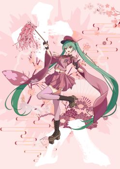 Rule 34 | 1girl, absurdres, aiguillette, badge, black gloves, boots, brown boots, cheng yun xiao, cherry blossoms, clothing cutout, cropped jacket, eyeshadow, furisode sleeves, geta, glove cutout, gloves, gohei, green hair, hair between eyes, hat, hatsune miku, highres, holding, jacket, lace-up boots, long hair, long sleeves, looking at viewer, makeup, midriff, military jacket, oonusa, open mouth, peaked cap, pink background, pleated skirt, pointing, pointing up, purple eyes, purple jacket, purple skirt, purple thighhighs, red eyeshadow, senbonzakura (vocaloid), skirt, smile, solo, standing, standing on one leg, suspenders, teeth, thighhighs, twintails, upper teeth only, very long hair, vocaloid, wide sleeves, zettai ryouiki