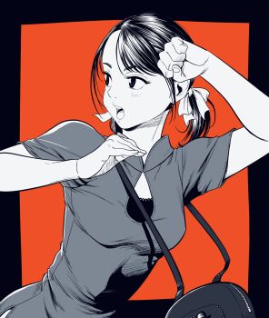 1girl asymmetrical_bangs bag breasts china_dress chinese_clothes cleavage_cutout clenched_hand clothing_cutout commentary_request dress fighting_stance greyscale_with_colored_background hair_ribbon handbag hatching_(texture) highres lee_(dragon_garou) looking_to_the_side low_twintails medium_breasts open_mouth original red_background ribbon side_slit solo twintails upper_body