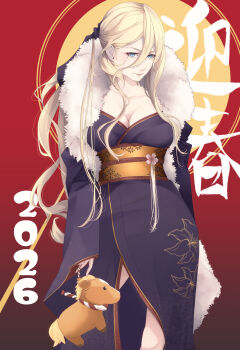 1girl absurdres blonde_hair blue_eyes bow breasts chinese_zodiac cleavage commentary_request doll floral_print fur-trimmed_kimono fur_trim hair_bow happy_new_year highres japanese_clothes kantai_collection kimono large_breasts long_hair mole mole_under_eye mole_under_mouth neko_no_hige new_year obi ponytail purple_kimono richelieu_(kancolle) sash year_of_the_horse