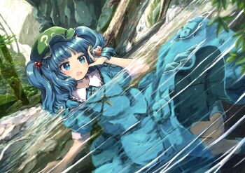 1girl blue_dress blue_eyes blue_hair dress green_headwear hair_ornament highres kawashiro_nitori mizumoto_tadashi open_mouth partially_submerged refraction solo touhou water waterfall
