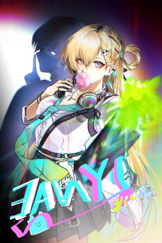 2girls absurdres aqua_necktie binary black_skirt blonde_hair blowing_bubble_gum braid braided_bangs breasts character_name charm_(object) chewing_gum clang_bang_(wuthering_waves) commentary cowboy_shot dark_persona dual_persona earrings finger_to_mouth fingernails hair_between_eyes hair_ornament hairclip hand_up headphones headphones_around_neck highres holding jewelry long_hair looking_at_viewer lynae_(wuthering_waves) mask medium_breasts minglu_(gululu) mouth_mask multiple_girls nail_polish necktie pleated_skirt purple_eyes shirt shirt_tucked_in shushing skirt skull_hair_ornament standing star_(symbol) star_earrings very_long_hair white_shirt wuthering_waves