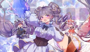 4girls @_@ absurdres angel angel_wings angello_vaalmonica black_wings blonde_hair blue_eyes breasts broken_glass c_civciv cowboy_shot demon_girl demon_wings dimonno_vaalmonica donut_hair_bun double_bun dress drill_hair duel_monster duralume_vaalmonican_heathen_hallow feathered_wings glass hair_bun highres large_breasts long_hair mini_person multicolored_hair multiple_girls purple_eyes purple_hair red_eyes red_hair selettrice_vaalmonica twin_drills two-tone_hair very_long_hair white_dress white_wings wings yu-gi-oh! zebufera_vaalmonican_hallow_heathen