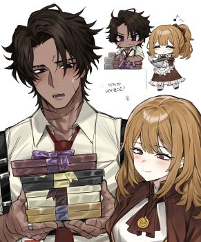 Rule 34 | 1boy, 1girl, 1mingk, ^ ^, absurdres, apron, ascot, blush, blush stickers, bowl, box, box stack, brown ascot, brown dress, brown eyes, brown hair, catherine (project moon), chibi, chibi inset, chocolate, closed eyes, closed mouth, collared shirt, commentary, curtained hair, dark-skinned male, dark skin, dress, frilled apron, frilled dress, frills, heathcliff (project moon), hetero, high ponytail, highres, holding, holding bowl, holding box, holding ladle, jewelry, korean text, ladle, limbus company, long hair, looking down, musical note, necktie, open mouth, ponytail, project moon, purple eyes, red necktie, ring, scar, scar on face, shirt, short hair, sidelocks, smile, suspenders, sweatdrop, tying, tying ribbon, untranslatable commentary, valentine, white shirt, wing collar