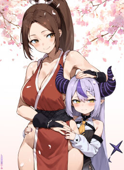 2girls armpits averting_eyes bare_shoulders black_nails blush braid braided_bangs breasts bridal_gauntlets brown_eyes brown_hair cherry_blossoms cleavage collarbone commentary_request cowboy_shot curtained_hair demon_horns detached_sleeves dress falling_petals fatal_fury flat_chest floral_background forehead groin halter_dress halterneck headpat high_ponytail highres hololive horns hug huge_horns japanese_clothes la+_darknesss la+_darknesss_(1st_costume) large_breasts long_hair maro2ki3 mechanical_tail motoyui multicolored_hair multiple_girls necktie ninja no_bra no_panties o-ring_strap obi pelvic_curtain petals pointy_ears ponytail purple_hair revealing_clothes sash shiranui_mai slit_pupils smile streaked_hair street_fighter street_fighter_6 striped_horns tail the_king_of_fighters virtual_youtuber yellow_eyes yellow_necktie