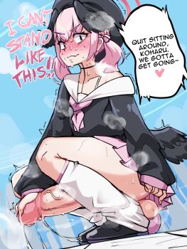 1futa accidental_erection black_hat black_shoes black_skirt black_wings blue_archive blush closed_eyes embarrassed english_text erection from_side full_body futanari halo hat head_wings highres huge_penis huge_testicles koharu_(blue_archive) loli long_hair long_sleeves looking_at_viewer low_wings nervous_sweating penis pink_hair pink_skirt precum precum_string shoes sirachi skirt sleeves_past_wrists socks solo speech_bubble squatting sweat testicle_peek testicles trembling twintails uncensored very_sweaty white_socks winged_hat wings