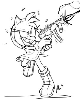 amy_rose dress furry gloves gun highres lineart qqlettuce shell_casing sonic_(series) submachine_gun tagme tail weapon