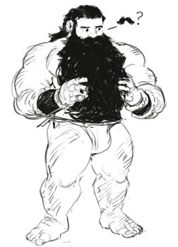 1boy bara beard beard_over_mouth black_hair bulge dopey_(dopq) dungeon_meshi dwarf facial_hair full_body fundoshi highres japanese_clothes long_beard looking_to_the_side male_focus male_underwear monochrome mustache nude senshi_(dungeon_meshi) simple_background sketch solo thick_mustache underwear underwear_only very_long_beard