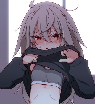 1girl :o black_sweater blush clothes_lift elena_trafalgar embarrassed female_focus flashing flat_chest grey_hair grey_sports_bra hair_between_eyes half-closed_eyes hands_up ikune_juugo lifting_own_clothes loli long_hair long_sleeves looking_at_viewer messy_hair nose_blush open_mouth original red_eyes sidelocks solo sports_bra sweat sweater sweater_lift upper_body