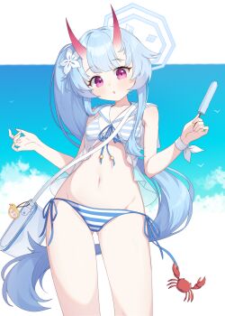 1girl absurdres bare_shoulders bikini blue_archive blue_hair blue_halo chise_(blue_archive) chise_(swimsuit)_(blue_archive) commentary_request crab demon_horns flower food hair_flower hair_ornament halo highres holding holding_food holding_ice_cream horns ice_cream long_hair melozr navel official_alternate_costume official_alternate_hairstyle red_eyes side-tie_bikini_bottom side_ponytail skin-covered_horns solo striped_bikini striped_clothes swimsuit very_long_hair white_bag