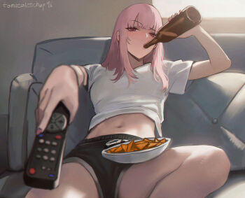 1girl black_shorts bottle bowl chips_(food) controller couch dolphin_shorts drinking food holding holding_bottle holding_remote_control hololive hololive_english long_hair man_watching_tv_(meme) meme mori_calliope navel on_couch pink_eyes pink_hair pink_nails potato_chips remote_control shirt shorts sitting solo tomatoketchup96 virtual_youtuber white_shirt window