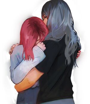 2girls angela_he cowboy_shot grey_hair hand_on_another's_back hand_on_another's_shoulder hands_on_another's_shoulder hug missed_messages multiple_girls non-web_source official_art pink_hair short_hair smile sweater transparent_background variant_set white_sweater yuri