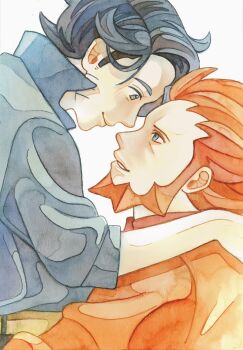 2boys beard black_hair blue_eyes blue_shirt closed_mouth collared_shirt commentary_request facial_hair from_side highres lysandre_(pokemon) male_focus multiple_boys nintendo parted_hair parted_lips pokemon pokemon_xy popped_collar professor_sycamore profile red_hair red_shirt rikako_oki shirt sideburns simple_background smile teeth upper_body white_background yaoi