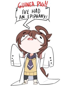 1girl agnes_tachyon_(tach-nology)_(umamusume) agnes_tachyon_(umamusume) ahoge animal_ears black_necktie black_pantyhose black_shirt cartoonized chigyudoomer coat collared_shirt commentary english_commentary full_body highres horse_ears horse_girl horse_tail lab_coat long_sleeves necktie open_mouth pantyhose shirt short_hair simple_background solo sweater tail toon_(style) umamusume white_background white_coat yellow_sweater