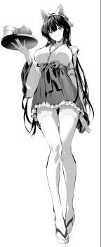 1girl absurdres animal_ear_hairband animal_ears breasts cat_ear_hairband cat_ears detached_sleeves fake_animal_ears frilled_hakama full_body gluteal_fold greyscale grin hair_between_eyes hair_ornament hair_tubes hairband haite_kudasai_takamine-san hakama hakama_short_skirt hakama_skirt highres hiiragi_yuuichi holding holding_tray japanese_clothes kimono large_breasts long_hair long_legs looking_at_viewer monochrome okobo platform_sandals sandals simple_background skirt sleeveless sleeveless_kimono smile solo standing takamine_takane tassel tassel_hair_ornament teapot thighhighs tray very_long_hair wide_sleeves