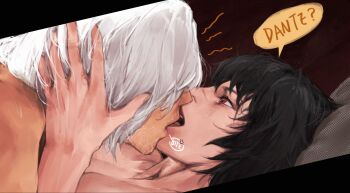 1boy 1girl bed black_hair commentary_request cuddling dante_(devil_may_cry) devil_may_cry_(series) evensta88183412 highres kiss lady_(devil_may_cry) looking_at_another on_bed scar scar_on_face sex short_hair white_hair