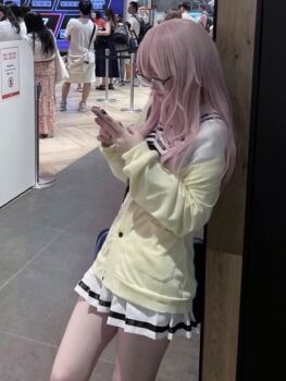 1girl bag black_neckerchief blue_bag breasts cardigan cellphone closed_eyes cosplay female_focus flat_chest glasses highres holding holding_phone kimi_to_kanojo_to_kanojo_no_koi. legs long_hair long_sleeves looking_at_phone miniskirt mukou_aoi_(totono) mukou_aoi_(totono)_(cosplay) neckerchief outdoors phone pink_hair pleated_skirt real_life sailor_collar school_bag school_uniform serafuku sexually_suggestive shirt_under_sweater shoulder_bag skirt sleeves_past_wrists small_breasts smartphone solo solo_focus thighs white_sailor_collar white_serafuku white_skirt yellow_cardigan