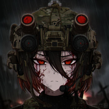 1girl artist_name bags_under_eyes black_hair black_sweater blood blood_on_face blurry blurry_background brown_helmet camouflage chinstrap closed_mouth cloud cloudy_sky combat_helmet commentary crack cracked_glass debris dirty dirty_face ear_protection english_commentary fast_helmet frown gradient_hair grey_sky hair_between_eyes headset helmet looking_at_viewer mikhail_n762 mikoto_(mikhail_n762) mole mole_under_eye multicolored_hair night_vision_device original outdoors qr_code rain red_eyes scar scar_across_eye scar_on_face serious short_hair sky solo straight-on sweater tactical_clothes twitter_username upper_body wet woodland_camouflage