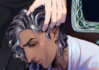 2boys absurdres aquiline_nose blackberreh-art cheekbones dark-skinned_male dark_skin design_speculation earrings elias_bouchard eyelashes fingernails frown_lines green_pupils grey_hair highres jewelry jonathan_sims lips lower_body male_focus multicolored_hair multiple_boys nose scar scar_on_face scar_on_neck shirt solo_focus the_magnus_archives two-tone_hair upper_body yaoi