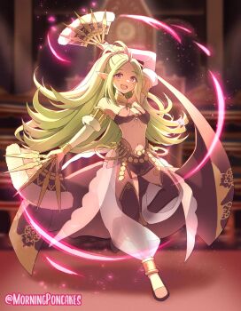 1girl absurdres alternate_costume arabian_clothes bare_shoulders blurry blurry_background breasts cosplay dancer dancing fire_emblem fire_emblem_awakening fire_emblem_heroes full_body grey_hair hand_fan high_ponytail highres holding holding_fan long_hair navel nintendo nowi_(fire_emblem) olivia_(festival_dancer)_(fire_emblem) olivia_(fire_emblem) olivia_(fire_emblem)_(cosplay) poncakes ponytail purple_eyes small_breasts solo twitter_username very_long_hair