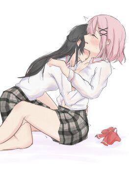 2girls amaori_renako aoie_(aoiestory0) ashigaya_high_school_uniform black_hair blush bob_cut bow bowtie braid closed_eyes collared_shirt commentary_request couple grey_skirt half_up_braid hand_up highres kiss kissing_neck koto_satsuki long_hair long_sleeves miniskirt multiple_girls navel open_clothes open_shirt pink_hair plaid_clothes plaid_skirt red_bow red_bowtie school_uniform shirt short_hair simple_background sitting sketch skirt small_sweatdrop twitter_username unworn_bowtie variant_set watashi_ga_koibito_ni_nareru_wake_naijan_murimuri! white_background white_shirt yuri