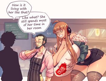 1girl 2boys alternate_body_size alternate_breast_size_(larger) alternate_height amamiya_ren bent_over black_shorts blunt_bangs breasts brown_eyes brown_hair brown_thighhighs choker cleavage curvy female_focus fur_trim gigantic_breasts grabbing_own_breast green_jacket grin headphones jacket long_hair looking_at_another mega_milk multiple_boys n647 nail_polish navel persona persona_5 piercing sakura_futaba sakura_soujirou shorts smile solo suspenders tall_female thick_thighs thighhighs thighs torn_clothes torn_thighhighs very_long_hair wide_hips