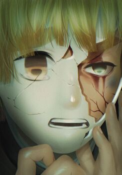 1boy agatsuma_zenitsu blonde_hair cracked_kawaii_mask hands_up highres kimetsu_no_yaiba male_focus shiny_skin shire_na short_hair solo teeth yellow_eyes