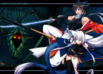 Rule 34 | 1boy, 1girl, animal ears, barefoot, black hair, borrowed character, dragon tail, feet, heterochromia, horns, konshin, orie hakua, orie kureha, pixiv fantasia, pixiv fantasia new world, sword, tail, thighhighs, toeless legwear, toes, weapon, white hair