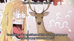 2024_attempted_assassination_of_donald_trump 4girls :3 andreeapproximately animal animated antlers arm_up artist_name audible_speech aura bashame_meme blonde_hair blue_neckerchief blue_sailor_collar blue_skirt brown_hair brown_sweater character_name clenched_hand closed_mouth deer deer_antlers deer_girl dot_nose eating enel enel_face_(meme) english_text evil_smile female_focus green_eyes green_hair grey_sweater gun highres horns japanese_audio jaw_drop koshi_anko_(shikanoko) koshi_torako long_hair long_sleeves looking_ahead looking_at_viewer looking_up lying medium_hair meme multiple_girls neckerchief on_stomach one_piece open_clothes open_mouth open_sweater outdoors parody profile purple_hair rifle sailor_collar school_uniform serafuku sharp_teeth shikanoko_noko shikanoko_nokonoko_koshitantan shirt skirt smile sniper_rifle sound standing sweater tagme teeth tongue tongue_out upper_body video watermark weapon what white_shirt