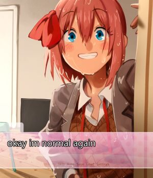1girl bathroom blue_eyes dialogue_box doki_doki_literature_club doki_doki_literature_club_school_uniform english_text grin hair_between_eyes hair_ornament highres khyle. looking_at_viewer pink_hair sayori_(doki_doki_literature_club) school_uniform shower_(place) smile solo visual_novel wet