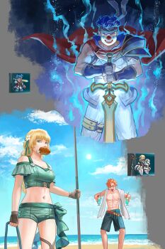 2boys 2girls abs beach bikini bikini_shorts blonde_hair blue_hair cape commentary cup english_commentary fire_emblem fire_emblem:_radiant_dawn fire_emblem:_three_houses fire_emblem_engage fire_emblem_heroes food_in_mouth game_screenshot_inset green_eyes headband highres holding holding_cup ike_(emblem)_(fire_emblem) ike_(fire_emblem) ingrid_brandl_galatea ingrid_brandl_galatea_(summer) long_hair male_swimwear mouth_hold multiple_boys multiple_girls navel nintendo ocean orange_hair pectorals planted planted_sword planted_weapon ragnell red_cape round_eyewear short_hair shorts sunglasses swim_trunks swimsuit sword sylvain_jose_gautier sylvain_jose_gautier_(summer) tinted_eyewear toned toned_male topless_male vetsa weapon