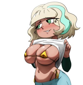 1girl absurdres areola_slip averting_eyes bikini blonde_hair blush breasts bursting_breasts cleavage clothes_lift coolerinker curvy gold_bikini green_eyes half-closed_eyes highres inker_comics inkershike jackie_lynn_thomas large_breasts lifting_own_clothes midriff multicolored_hair navel shirt_lift shorts sideboob smile solo star_vs_the_forces_of_evil streaked_hair string_bikini swimsuit teeth thong_bikini whale_tail_(clothing)