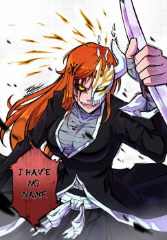 1girl absurdres bandaged_arm bandaged_chest bandages black_hakama black_kimono bleach bleeding blood blood_from_forehead breasts colored_speech_bubble cosplay english_text hair_ornament hakama hakama_pants highres holding holding_sword holding_weapon hollow_(bleach) hollow_mask horns injury inoue_orihime japanese_clothes kimono kurosaki_ichigo kurosaki_ichigo_(cosplay) large_breasts long_hair long_sleeves open_mouth orange_hair pants sash scene_reference shihakusho simple_background single_horn solo speech_bubble sword teeth teiwicked weapon white_background white_sash yellow_eyes