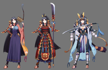 1girl absurdres aged_up alternate_costume alternate_hairstyle armor arrow_(projectile) black_gloves black_hair blue_eyes blue_sleeves bow_(weapon) breasts chu_love_yun cleavage closed_mouth commentary_request detached_sleeves dou eyeshadow fate/grand_order fate_(series) feathers floral_print full_body geta gloves grey_background hair_ornament hakama hakama_skirt hat headgear highres holding holding_bow_(weapon) holding_polearm holding_sword holding_weapon japanese_armor japanese_clothes katana kote kusazuri large_breasts long_hair looking_at_viewer makeup mitsudomoe_(shape) parted_bangs pleated_skirt polearm ponytail quiver red_eyeshadow revealing_clothes sandals sheath shoulder_armor side_ponytail sidelocks simple_background skirt sode solo standing suneate sword tassel tate_eboshi tomoe_(symbol) ushiwakamaru_(fate) very_long_hair weapon white_sleeves wide_sleeves yumi_(bow)