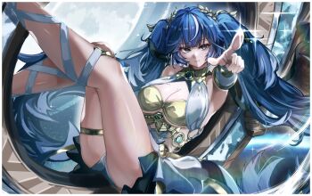 1girl absurdres ancient_greek_clothes bare_shoulders blue_eyes blue_hair breasts cleavage closed_mouth commentary feet_out_of_frame full_moon gradient_hair greco-roman_clothes highres iuno_(wuthering_waves) jewelry large_breasts laurel_crown leg_wrap long_hair looking_at_viewer moon multicolored_hair pointing pointing_at_viewer pstoo smile solo streaked_hair symbol-only_commentary thighlet thighs twintails very_long_hair wuthering_waves