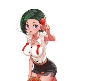 1girl :o black_skirt breasts button_gap cowboy_shot dark_skin food fruit green_hair holding holding_food holding_fruit infinite_stratos infinite_stratos:_archetype_breaker large_breasts looking_at_viewer miniskirt non-web_source office_lady official_art open_mouth pencil_skirt purple_eyes shirt short_hair side_slit skirt sleeveless sleeveless_shirt solo strawberry tan vishnu_isa_galaxy white_background white_shirt