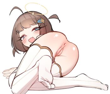 1girl ahoge anus ass blue_eyes blush fang hair_ornament hairclip halo loli looking_at_viewer looking_back no_shoes open_mouth original pussy simple_background skin_fang smile solo thighhighs uncensored white_background white_thighhighs whonyang yellow_halo