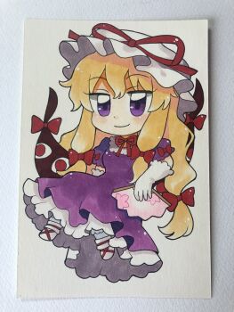 Rule 34 | 1girl, bad id, bad twitter id, blonde hair, bow, chibi, chibi only, choker, closed mouth, commentary, dress, folding fan, full body, gap (touhou), gloves, hair bow, hand fan, hat, highres, long hair, looking at viewer, maa (forsythia1729), mob cap, multiple hair bows, photo (medium), purple dress, purple eyes, red bow, red ribbon, ribbon, ribbon choker, smile, solo, touhou, traditional media, very long hair, white gloves, white hat, yakumo yukari