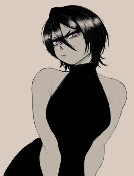 1girl 2025 bare_shoulders black_hair bleach breasts closed_mouth cullieon female_focus highres kuchiki_rukia medium_hair purple_eyes simple_background small_breasts spot_color upper_body