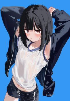 1girl absurdres black_hair black_jacket black_shorts blue_background blush bob_cut bob_cut_girl_(memekko) breasts brown_eyes closed_mouth commentary_request cowboy_shot drawstring highres jacket long_sleeves looking_at_viewer memekko navel open_clothes open_jacket original paid_reward_available shirt short_shorts short_sleeves shorts simple_background small_breasts solo track_jacket white_shirt
