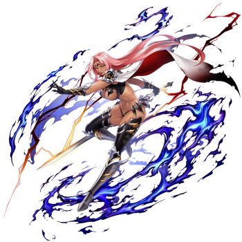 1girl alternate_costume armor bikini_armor blue_fire breasts cape cleavage curvy dark-skinned_female dark_skin fire full_body holding holding_sword holding_weapon ingrid_(taimanin_asagi) jumping kagami_hirotaka large_breasts lilith-soft long_hair official_alternate_costume pink_hair revealing_clothes shiny_skin solo sword taimanin_(series) taimanin_rpgx thong weapon white_cape wide_hips